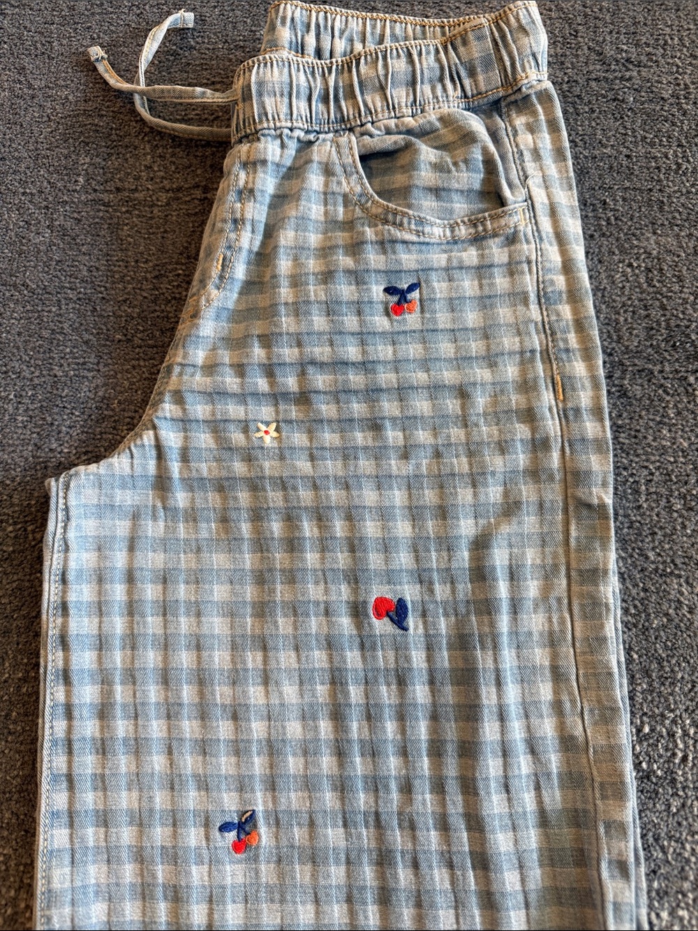 Cat & Jack Blue Gingham Drawstring Kids Jeans with Heart Embroideries